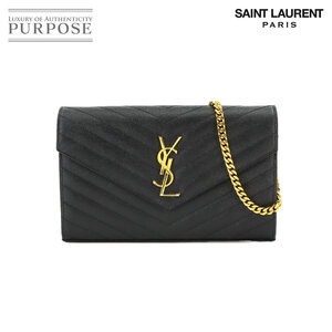 新品同様 サンローラン パリ SAINT LAURENT PARIS カサンドラ チェーン ウォレット 長財布 レザー ブラック 377828 ゴールド 金具 90228400