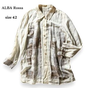 極美品 alba Rossa import 長袖 シャツ ブラウス アルバ ロッサ インポートロッサ アイボリー 柄入り トップス リネン 麻 混紡 42