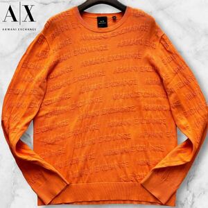 未使用級/XL相当◎アルマーニ エクスチェンジ ARMANI EXCHANGE エンボスロゴ 総柄 長袖 セーター 3D 凹凸 ニット コットン オレンジ メンズ