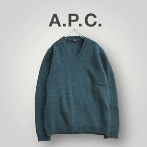 [希少 美品] A.P.C. アーペーセー Vネック ニット サイズ2 グリーン セーター フランス製