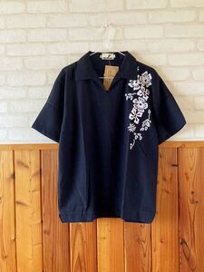 未使用品 OBRA NI JUAN メンズ 半袖 リネンシャツ S-Mサイズ位 ネイビー 紺 アロハ ハイビスカス 麻 100% linen shirt hibiscus 新品 A