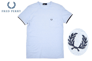 Y-7960★送料無料★FRED PERRY フレッドペリー★正規品 ライトブルー 鹿の子 胸ポケットロゴ刺繍 半袖 T-シャツ Ｓ