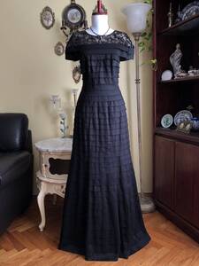 【TADASHI SHOJI/タダシショージ】黒ビーズスパン付レーストリム/美ティアード/黒ストレッチタフタ/イブニングドレス （US・８／13号）#550