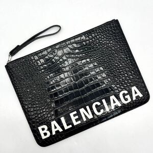 2792【極美品】BALENCIAGA バレンシアガ クラッチバッグ セカンドバッグ ストラップ付き ロゴ クロコ型押し レザー 本革 ブラック メンズ