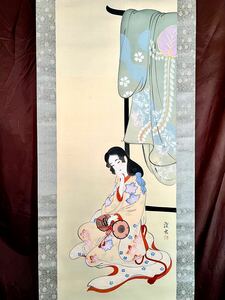 【模写】【仙】伊東深水「鼓」絹本 合箱 美人画 着物美人 絵画 掛軸 大正-昭和時代の日本画家 東京深川の人 師: 鏑木清方