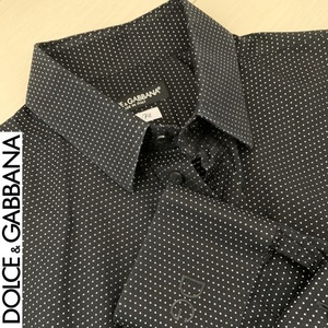 【中古　美品】★DOLCE＆GABBANA★ドルチェ＆ガッバーナ★　長袖ドレスシャツ　黒/ドット　ワンポイントロゴ　size39　イタリア製　100232