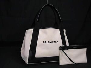 1円 ■美品■ BALENCIAGA バレンシアガ ネイビーカバスS キャンバス×レザー ポーチ付き ハンドバッグ アイボリー系×ブラック系 AX6995