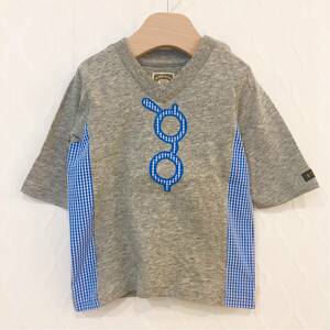 【新品未使用】ブルーアズール 半袖　Tシャツ グレー メガネ ギンガムチェック キッズ 90cm サングラス　フェイク　ストライプ　ブルー