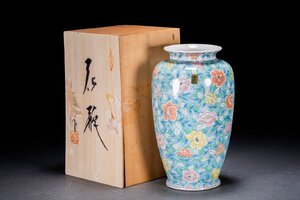 【善古堂】某有名オークション買入 時代物 伊万里・有田 若山作 色絵花卉紋花瓶 共箱 和風インテリア 骨董品 古美術1225-236S01