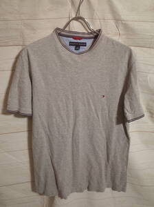 メンズ ph297 TOMMY HILFIGER トミーヒルフィガー ワンポイント ロゴ 半袖 ニット Tシャツ S グレー 灰