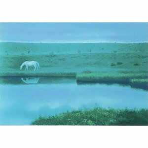 湖に遊ぶ白馬が素敵です！　印象的な緑や青色で“東山ブルー”とも称される文化勲章受章日本画家　東山魁夷 「夕明り」 オリジナル版画