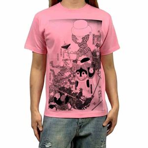 新品 ビッグ プリント 鼠 ネズミ 猫 ネコ 犬張子 戦い 戯画 浮世絵 和柄 ピンク Tシャツ S M L XL オーバーサイズ XXL ロンT パーカー 対応