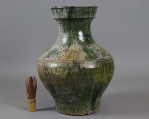 中国古玩 古陶 漢代 緑釉銀化 花瓶 高33,2cm / 中国美術 発掘出土品 博山爐 細密細工 古美術品[c963]