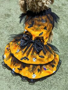 ★Ｍ＆Ｈ★現品のみ★オレンジのハロウィン柄に黒メッシュワンピＳ