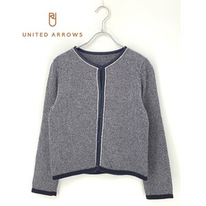 A9672/極美品 春夏 UNITED ARROWS ユナイテッドアローズ コットン リネン ノーカラー ニット カーディガン ジャケット M程 紺 レディース