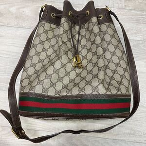 【74e4c6ef】 保管品 GUCCI ヴィンテージ グッチ オールドグッチ GGプラス シェリー レザー 巾着ショルダーバッグ 斜めかけ クラシカル