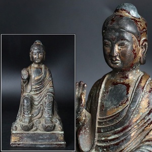 【宙】中国古玩 銅製 赤地釈迦牟尼像 高23.8cm 1613g チベット仏 仏教美術 仏像唐物骨董 中国美術 C9JI28.hl.B