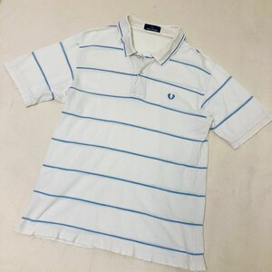 FRED PERRY　ロゴ刺繍　ボーダー　ポロシャツ　ホワイト/ライトブルー　S