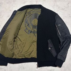 美品/L相当 DIESEL ディーゼル ニット切替 MA-1 フライトジャケット ボンバー ブルゾン ナイロン 肩ロゴタグ 中綿 裏地プリント 黒 メンズ