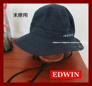 未使用◆EDWIN/エドウィン◆帽子/ハット◆57.5cm/ネイビー/紺/調整ヒモ付/レディース/アウトドア/サファリハット/綿/コットン/オシャレ