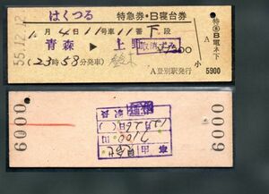 はくつる　特急券・B寝台券　青森→上野　登別駅　発行　(昭和)55.12.12