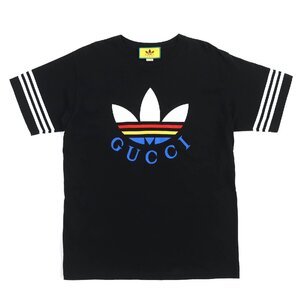 美品△GUCCI グッチ adidas アディダス 616036 コットン100％ トレフォイルロゴプリント 半袖Ｔシャツ 黒 マルチカラー M 正規品 メンズ