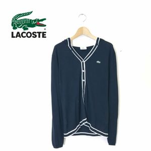 1k2749-T◆LACOSTE ラコステ ニットカーディガン フード ブイネック 刺繍パッチ ロゴ◆size44 ブラック レディース トップス コットン