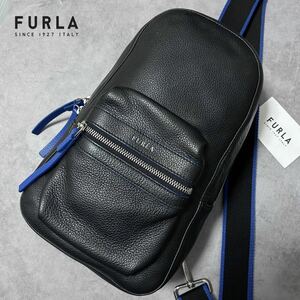 極美品/現行●FURLA フルラ メンズ ボディバッグ クロスボディ ショルダー 斜め掛け ビジネス レザー 本革 ブラック 黒 ブルー 青 大容量