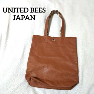 UNITED BEES JAPAN ユナイテッドビーズジャパン レザートートバッグ シボ革 ブラウン ロゴ型押し 牛革 カウレザー 肩掛け A4収納可能 