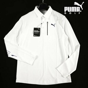 新品1円～★定価1.4万 PUMA GOLF プーマ ゴルフ メンズ ストレッチ 鹿の子 スローガンロゴ 長袖 ポロシャツ M ゴルフウェア 白 ◆7812◆