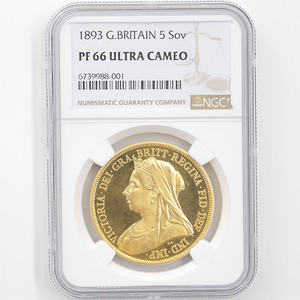 1893 英国 ヴィクトリア ヴェールヘッド 5ポンド 金貨 プルーフ NGC PF 66 UC 準最高鑑定 完全未使用品 聖ジョージ竜退治 イギリス 金貨