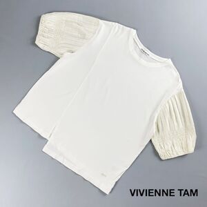 美品 VIVIENNE TAM ヴィヴィアンタム 袖シャーリング加工 半袖カットソー トップス レディース 白 ホワイト サイズ38*RC537