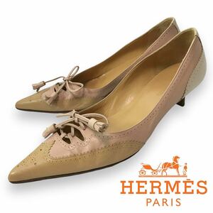 p41 未使用 HERMES エルメス レザー パンプス ウィングチップ タッセルリボン ベージュ ローヒール 35 イタリア製 ヴィンテージ 正規品