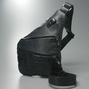 MG5999◎メンズ シボレザー×マット クロコダイルレザー スリングバッグ ボディバッグ ショルダーバッグ 鞄 ブラック 黒
