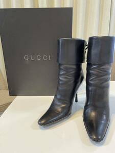 GUCCI グッチ ブーツ ブラック レザー ヒール 36 1/2 23cm 中古美品 レディース 箱付き ショートブーツ