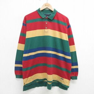 XL/古着 ドッカーズ 長袖 ブランド ポロ シャツ メンズ 90s ワンポイントロゴ マルチカラー コットン 緑他 グリーン ボーダー spe 24apr04