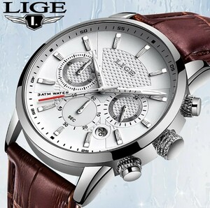 LIGE メンズ腕時計 クロノグラフ レザーベルト 純正ボックス付き！