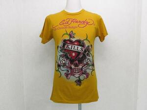 EdHardy NEWタイプLKSラインストーン貼付けプリント半袖Tシャツ 黄イエロー メンズS / エドハーディー男性ラブキルズスローリーTee