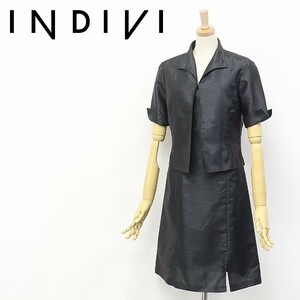 美品●INDIVI インディヴィ シャンタン ワンピーススーツ アンサンブル チャコールブラック 38