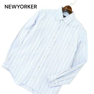 NEWYORKER ニューヨーカー 通年 ストライプ★ 長袖 ボタンダウン オックスフォード シャツ Sz.L　メンズ 水色 青系　A4T02572_3#C