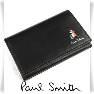 新品1円～★ポールスミス Paul Smith 牛革レザー名刺入れ カードケース 黒 ブラック マーケトリーストライプラビット 本物 ◆2539◆