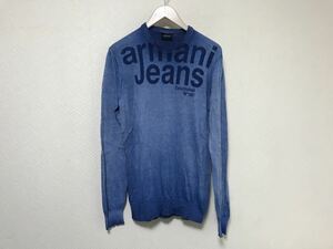 本物アルマーニジーンズARMARNIJEANSコットン後染めプリント柄ニットセータービジネススーツメンズ青ブルーLチュニジア製