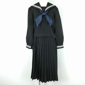 1円 セーラー服 スカート スカーフ 上下3点セット 指定 160A カンコー 冬物 白3本線 女子 学生服 中学 高校 黒 制服 中古 ランクC NA6938