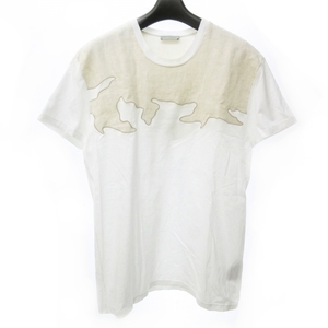 ディオールオム Dior HOMME Tシャツ カットソー コットン 切替 リネン 刺繍 デザイン クルーネック 半袖 白 ホワイト ベージュ 系 S