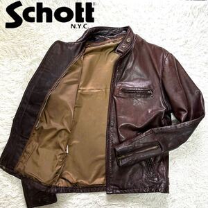 1円【希少サイズ 40 XL LL】Schott ショット シングルライダース レザージャケット 本革 牛革 ヴィンテージ ビンテージ 濃茶 ブラウン USA