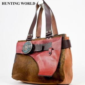 1円【希少】HUNTING WORLD ハンティングワールド ハンドバッグ トートバッグ ハラコ レザー フラップ ウエスタンバックル ブラウン レッド