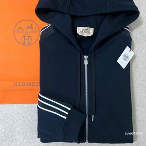 国内正規品 23Aw 新品・未使用 XL Hermes エルメス ＜ランH＞ フーデッド ジップUP パーカー スエット ダークネイビー ブラック系 カード