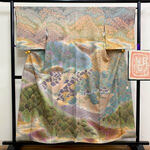 着物月花 滝泰 おぼろ染 襲ね絞り 相良刺繍 金通し 可憐な花 木立 訪問着 正絹 金糸 共八掛 ガード加工 総絵羽 ki2477