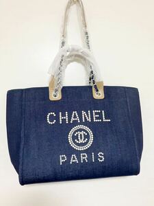 新品　シャネル　ノベルティ　CHANEL キャンバス トートバッグ　パール チェーン ネイビー