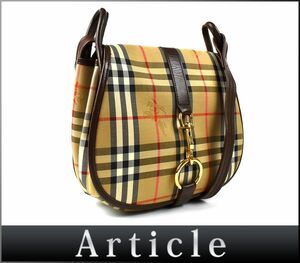 177427◆ BURBERRY burberrys バーバリー チェック柄 ショルダーバッグ キャンバス レザー 革 ベージュ ブラウン レディース/ B